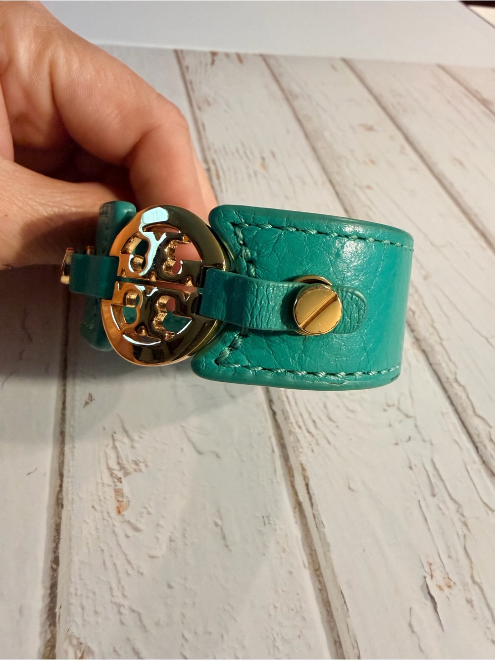 Tory Burch Teal Leather Logo Cuff with Gold Medallion - Picture 7 of 11